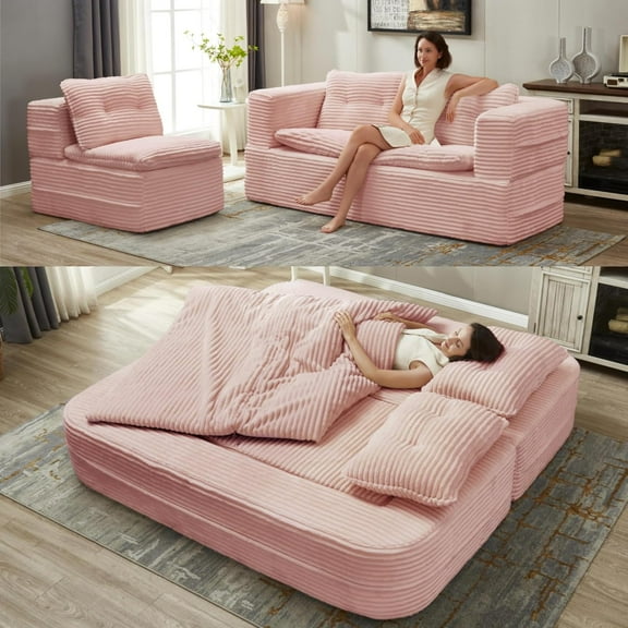 New Multi Functional Sectional Sofa Bed with Independent Chaise Lounge and Functional Blanket,Plush Corduroy Sofa Couch,Convertible Sofa Bed,80" King Size Bed,Deep Seat Fluffy Sofa,Baby Pink