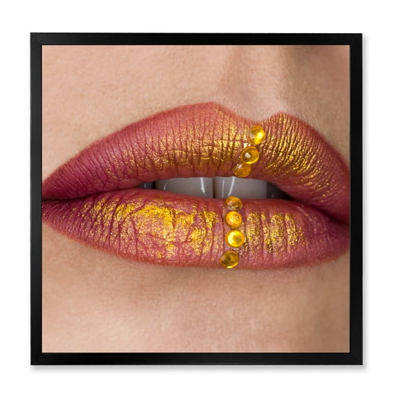 Designart 'Woman Lips Close-Up With Red Lipstick, Gold Paint' Modern Framed Art Print