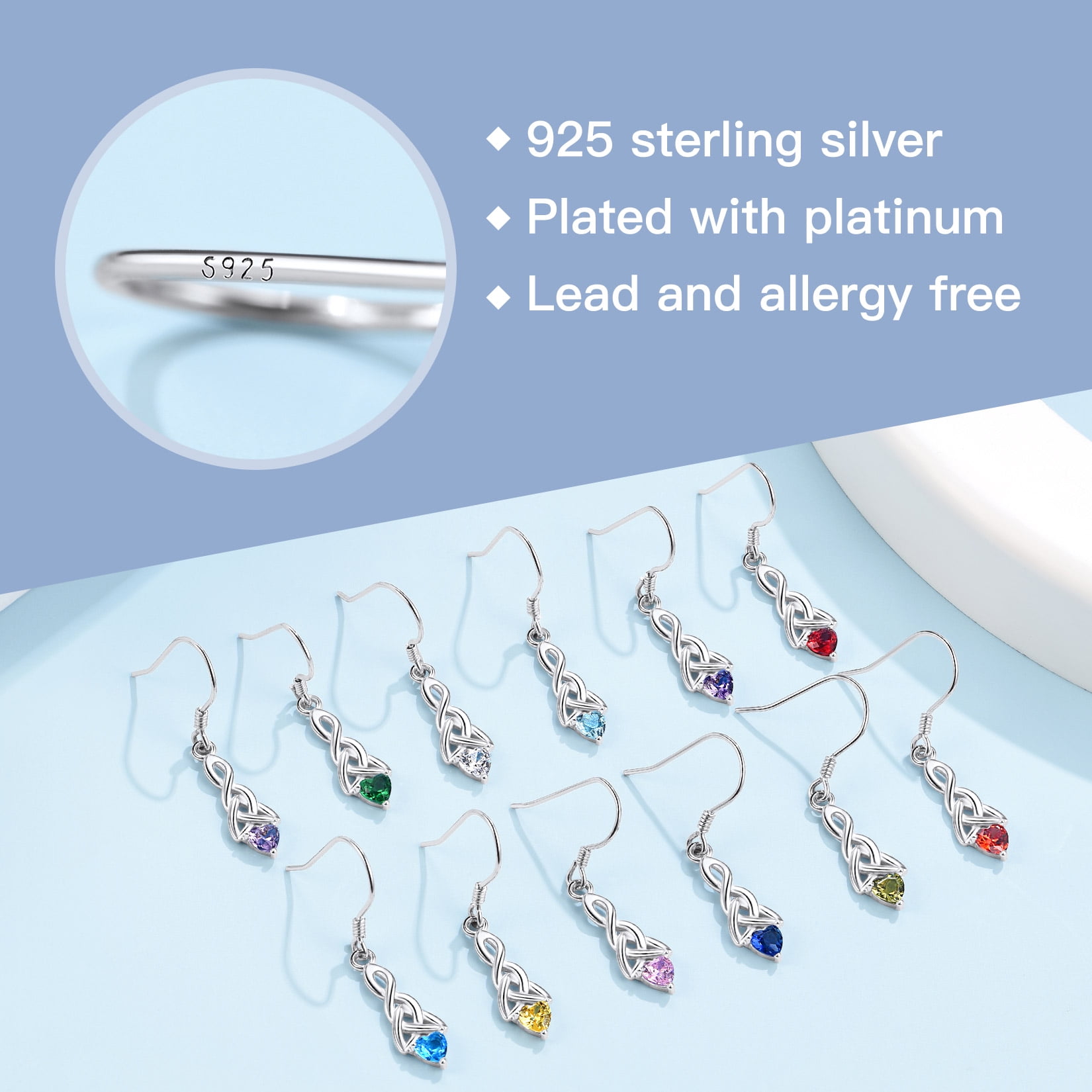 Suplight Silver Celtic Knot Heart Dangle Earrings with Birthstone, Irish Celtic Jewelry for Women