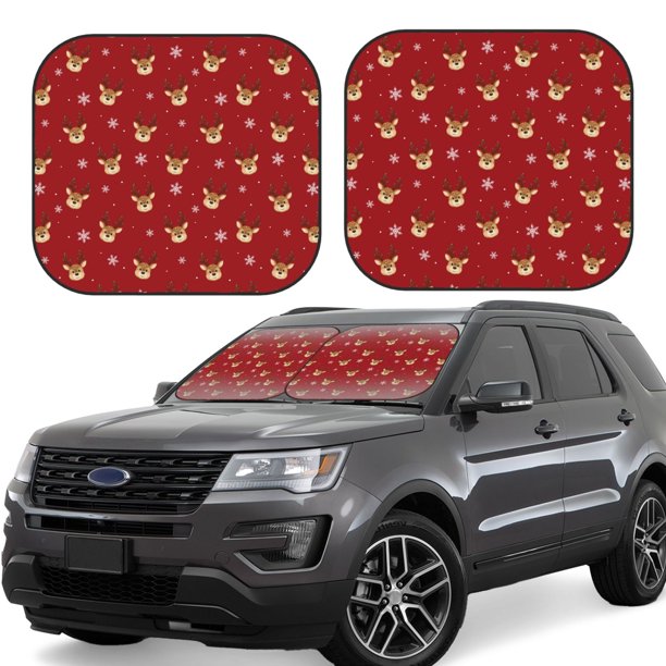 Balery Reindeer Faces Festive Red Parasol para parabrisas de coche de 2 piezas | Parasol plegable para parabrisas delantero de coche para la mayoría de sedanes-Small