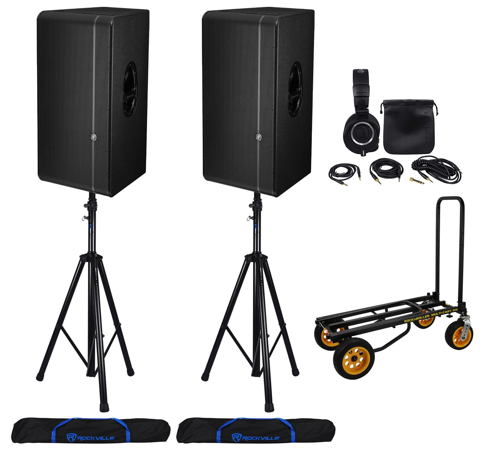 (2) Mackie HD1521 1600w 15" Active DJ PA Speakers+Stands+Headphones