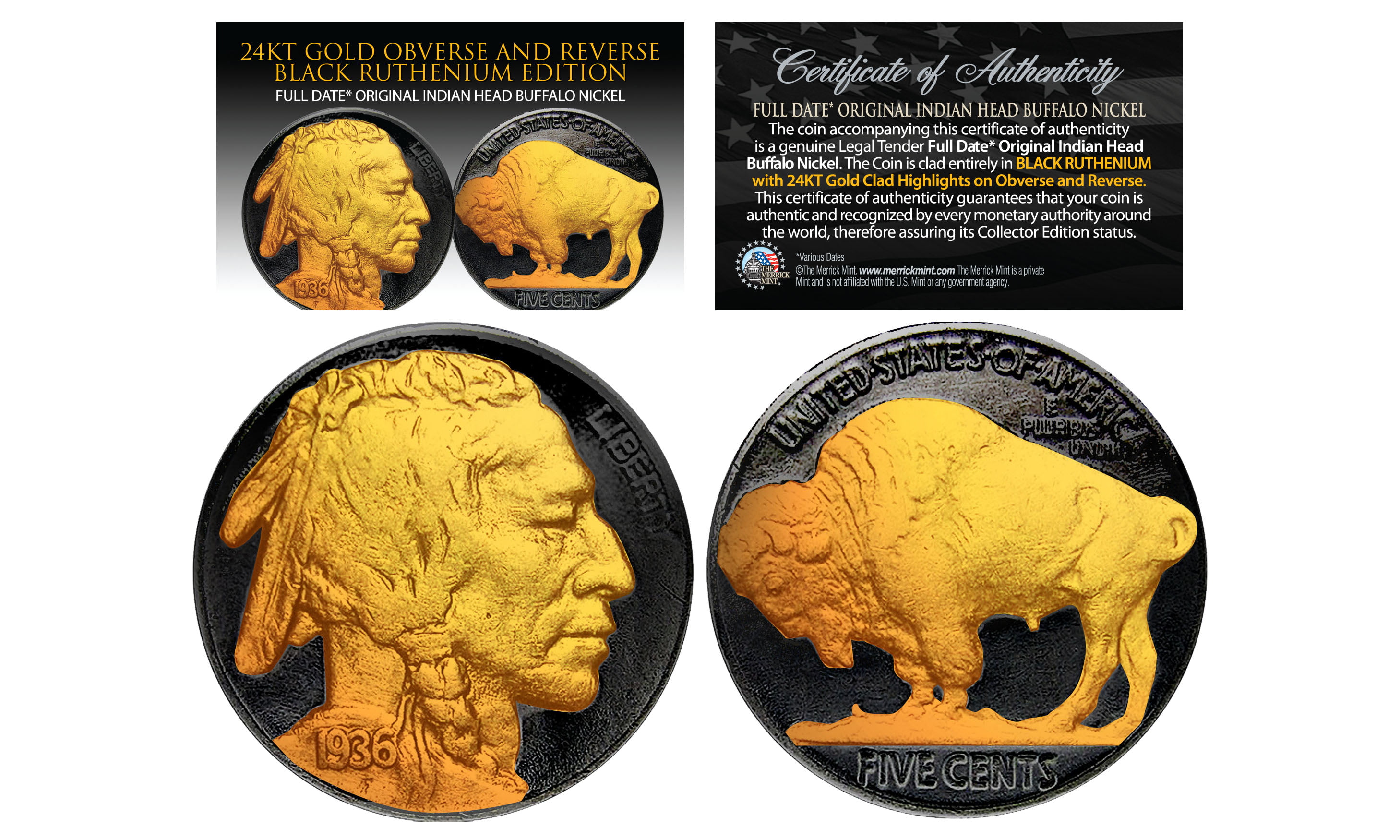 Pure 24K GOLD PLATED Authentic Buffalo Indian Head Nickel GOLD BUFFALO NICKEL