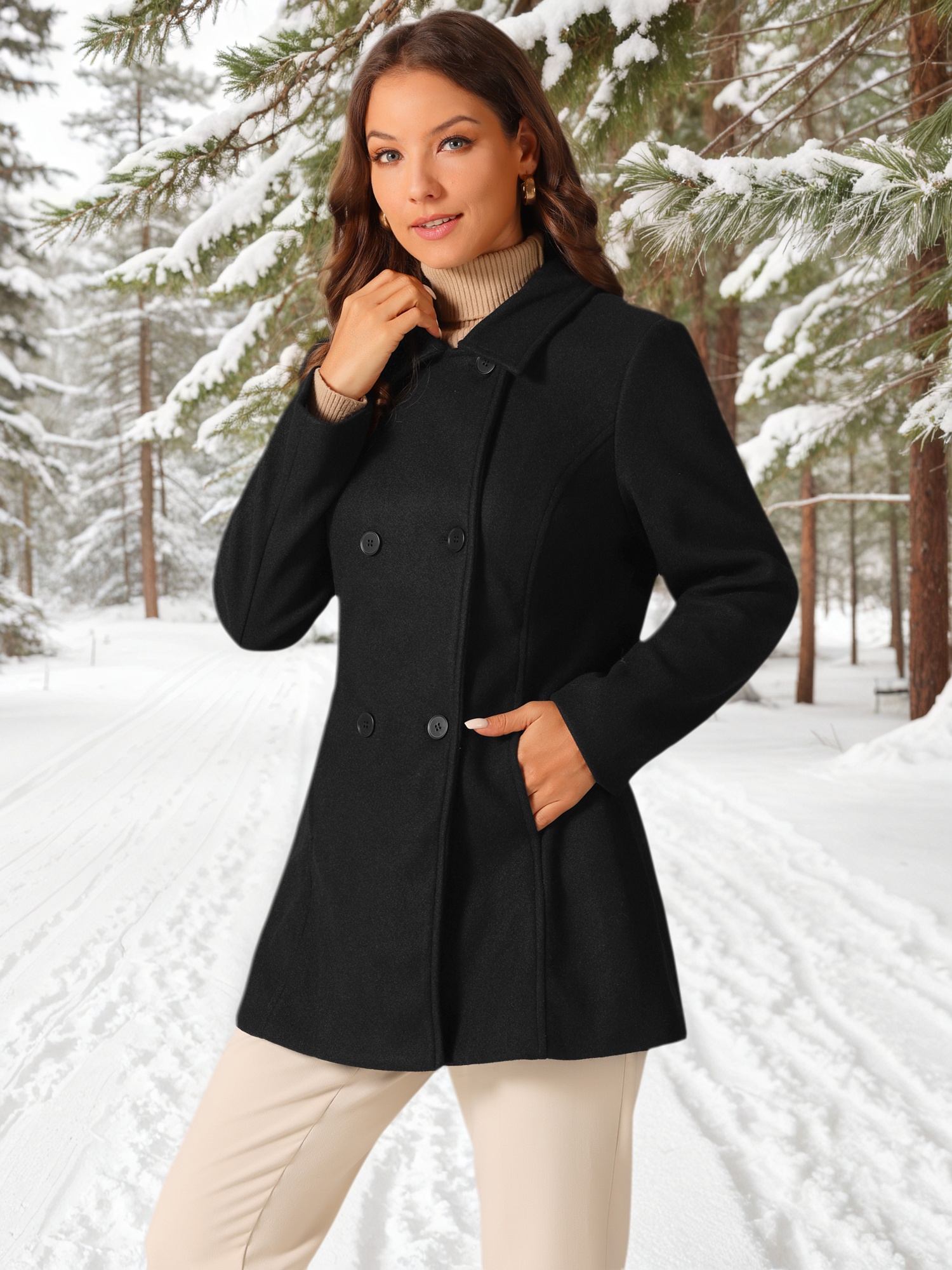 DARING DIVA Women's Double Breasted Long Sleeves Button Down Winter Peacoat M Black