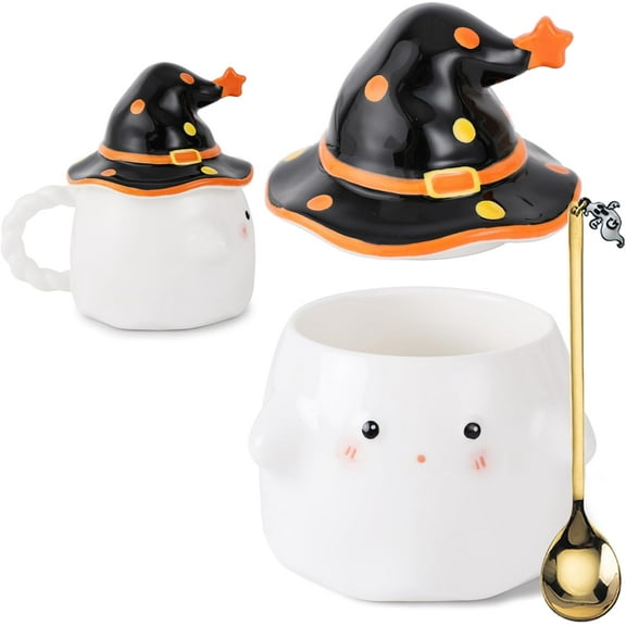 Spooky Ghost Mug Halloween Ceramic Coffee Mug with Lid White Ghost Shaped Cup with Handle and Spoon for Halloween Decor and Best Gifts for Coffee Lover