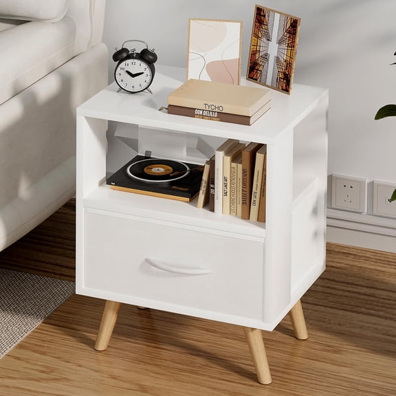 Night Stand, White Kids Nightstand with Drawer, Nursery Side Table with Open Storage, 2-Tier Modern End Table, Bedside Table for Small Space, Living Room, Bedroom
