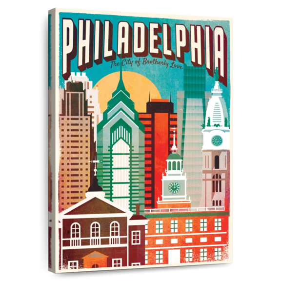 Elephant Stock Philadelphia Brotherly Love Wall Art - Vertical Canvas Wall Art - Living Room Wall Decor - City Canvas - Brown And Teal Decor - 8" x 12"