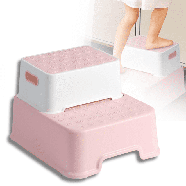 Banco Escalera Infantil Antideslizante de 2 Escalones Desmontables, Marthing Seguro y Resistente hasta 90 kg, 2 Niveles Compacto y Portátil Niños y Niñas en Lavabo, Cocina o Baño, Color Rosa