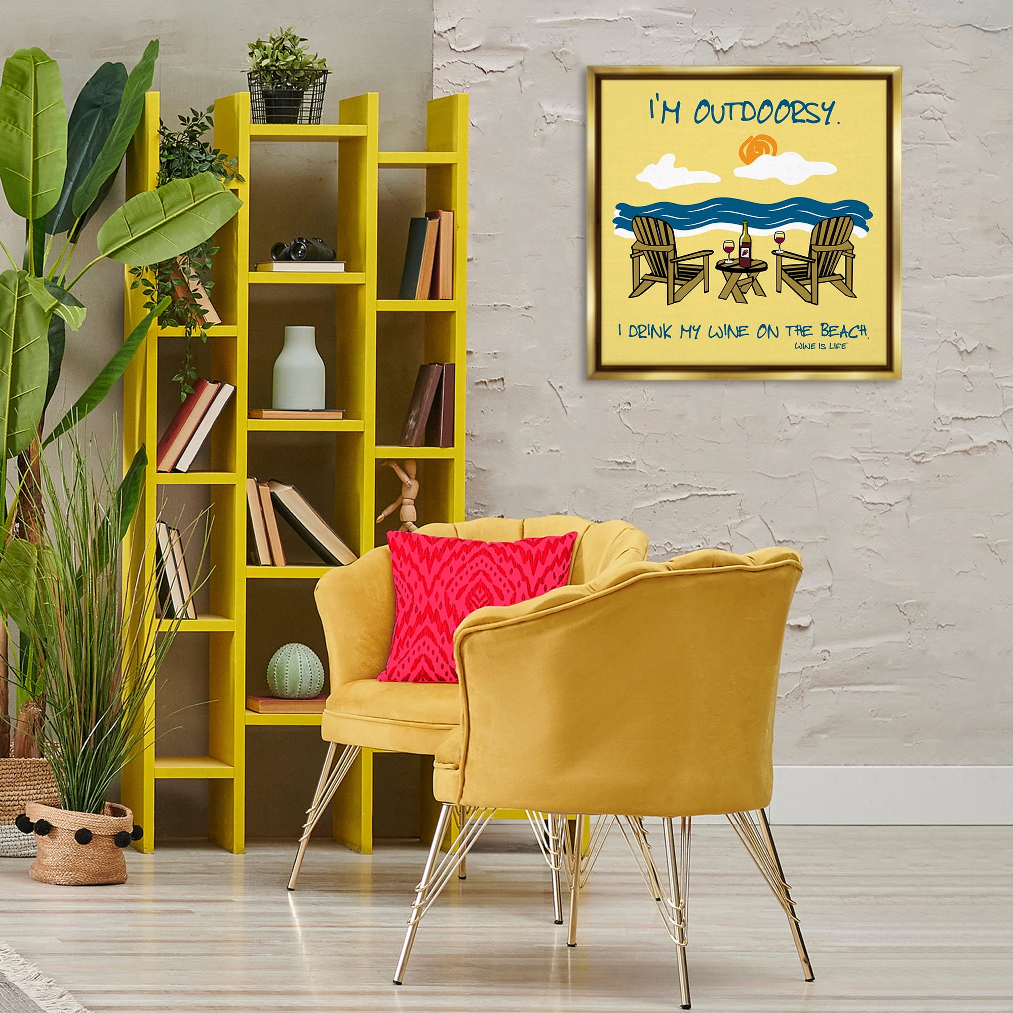 Stupell Industries Outdoorsy Wine on Beach Landscape & Nature Painting Gold Floater Framed Canvas Art Print Wall Art, 25 x 25