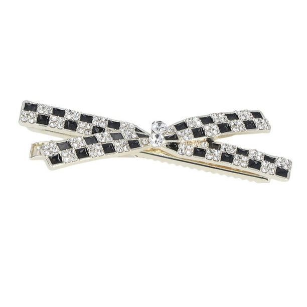Accesorio para el cabello con nudo de lazo cruzado, elegante, en blanco y negro, estilo kawaii, para una decoración elegante, pinza para el cabello con rejilla de diamantes de imitación