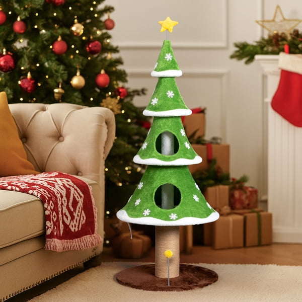 59in Large Tall Christmas Tree Cat Tower - 2 Cat Houses, Soft Fleece, Teaser Toy, Sisal Scratching Post, Multi-Level Activity Center for Cats