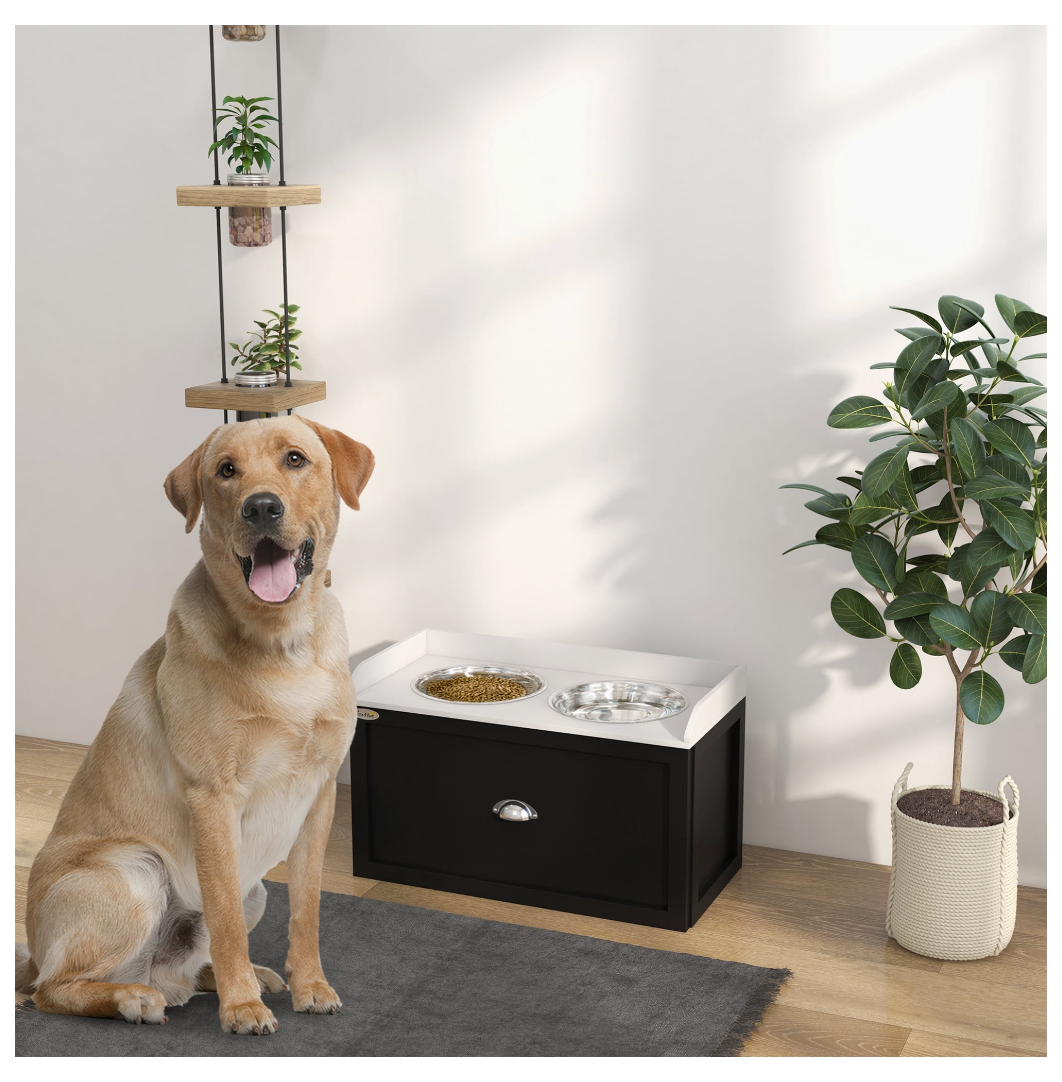 Elevated Dog Bowls with Storage, Pet Feeder Station for Large Dogs, 2 Stainless Steel Bowls, White & Black