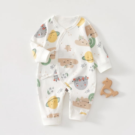 Baby Cute Pattern Jumpsuit Long Sleeve Front Bow Straps Romper Newborn Boys Girls Cotton Soft Onesie Outfits Beige 6-9 Months