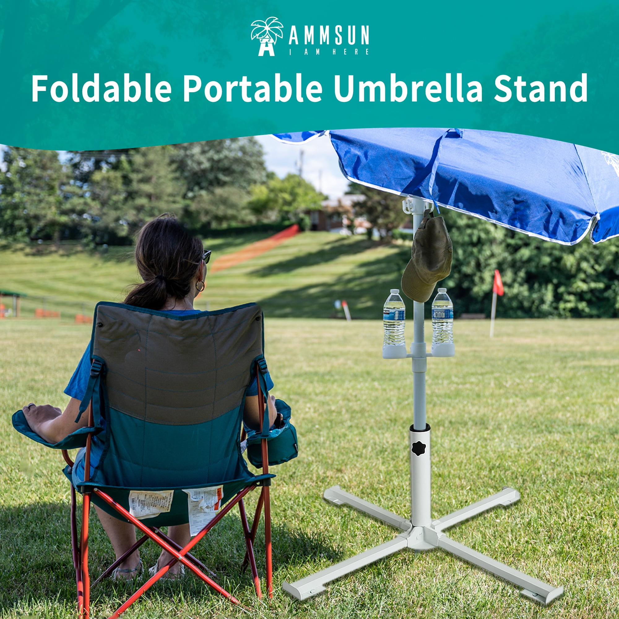 AMMSUN Beach Umbrella Stand Foldable Umbrella Holder Base for Backyard Garden patio with Weight water Bag -white