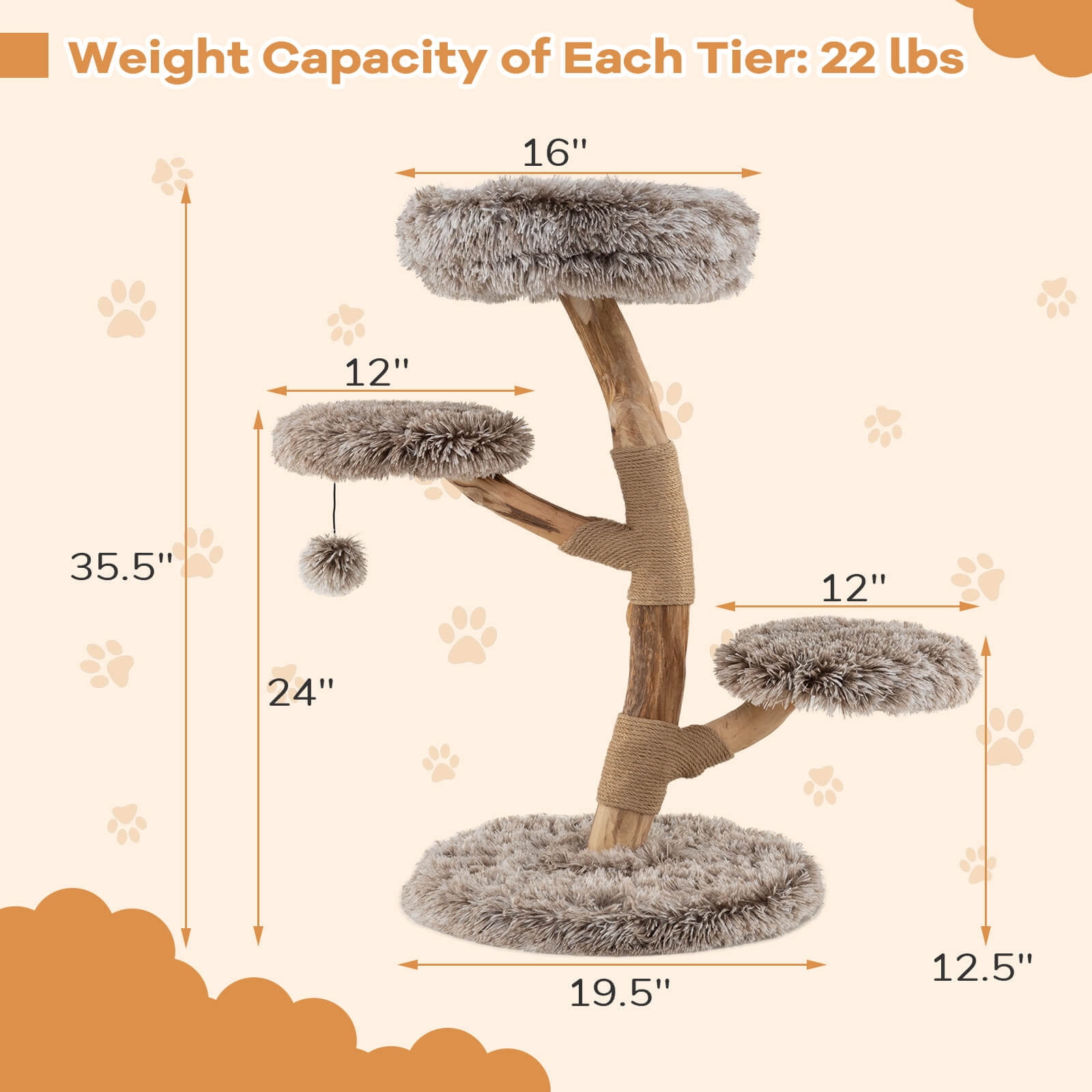 Costway Modern Cat Tree with Pear Wood Trunks Scratching Posts Soft Long Plush Fabric