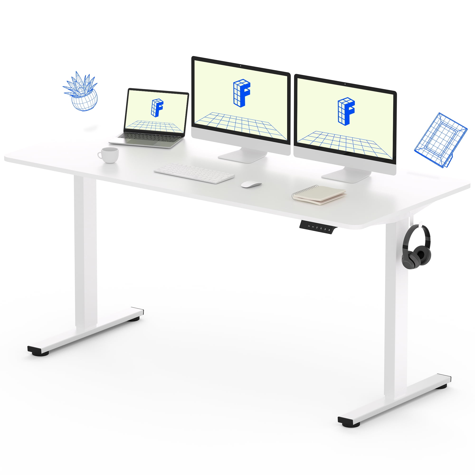 FitStand 60"x24" Home Office Height Adjustable Standing Desk with Hooks, Ergonomic Electric 2-Stage Stand Up Computer Desk, White