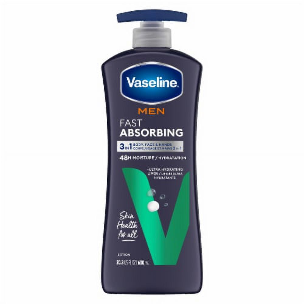 Vaseline Men 3 in 1 Face Hands & Body Lotion Fast Absorbing for Dry Skin, Absorbs in Just 15 Seconds