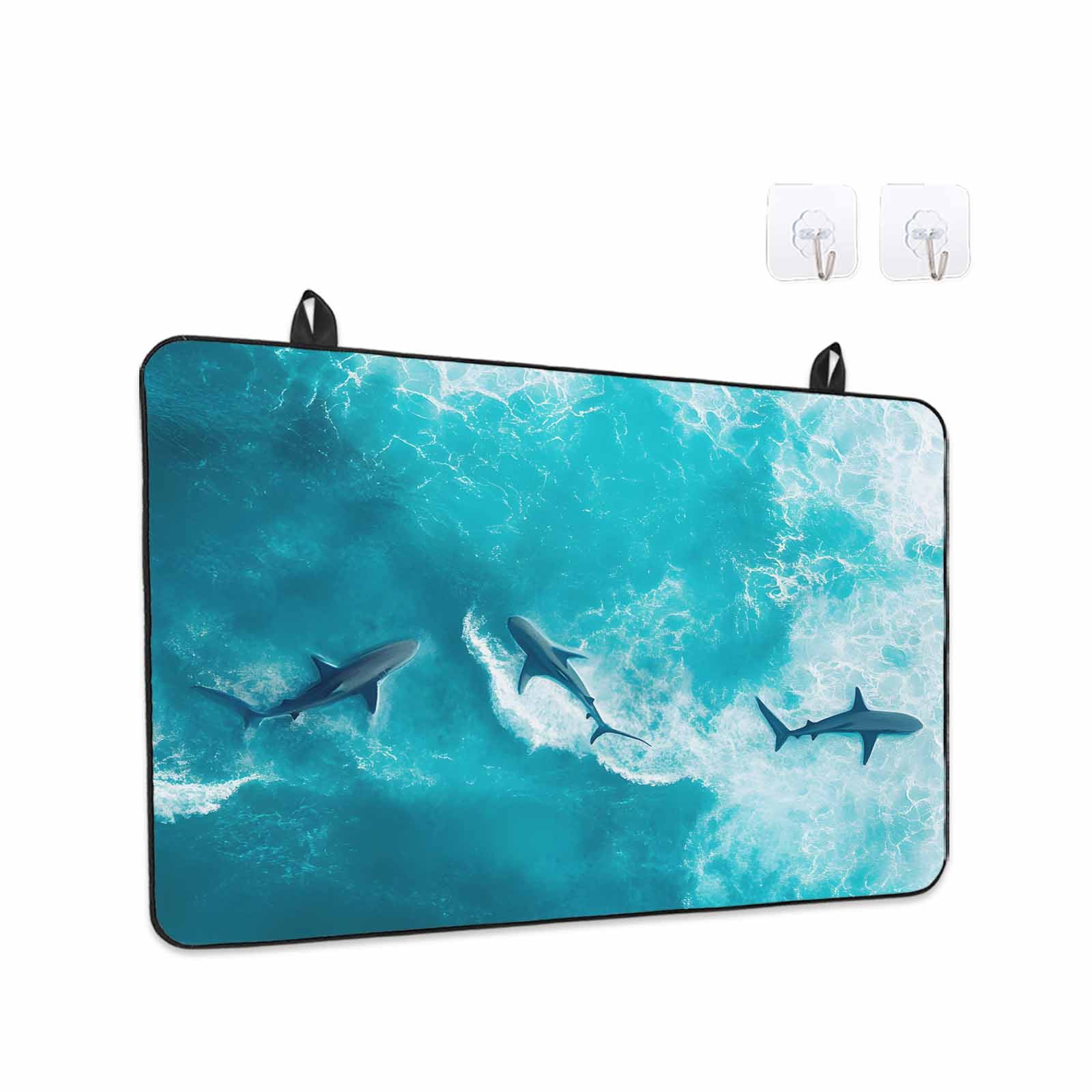 Teal Blue Ocean Shark Stove Top Cover for Electric Stove, Heat-proof & Non Slip Glass Top Stove Cover Protector, Coastal Wave Summer Beach Kitchen Flat Cooktop Rubber Mat 24x21 Inches