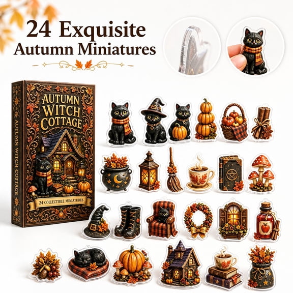 24-Piece Acrylic Miniature Ornaments with 2D Flat Autumn Witch Theme, Black Cat and Pumpkin Designs, for Fall and Halloween Home Display