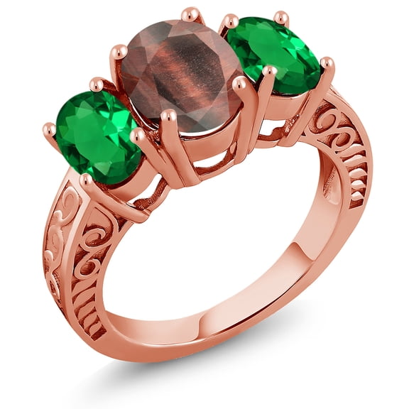 Gem Stone King 2.70 Ct Oval Red Tiger Eye Green Nano Emerald 18K Rose Gold Plated Silver Ring (Size 6)