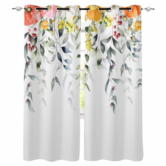 Sage Green Eucalyptus Blackout Curtains for Bedroom/Living Room, Thermal Insulated Kitchen Curtains, Spring Farmhouse Tulips Leaves Grommet Darkening Window Treatment Drapes 27.5"x39"x2