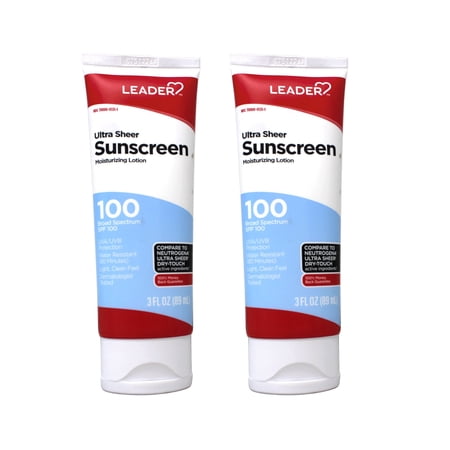 LEADER Travel Sunscreen SPF 100+, Ultra Sheer Dry-Touch Water Resistant and Non-Greasy Lotion with Broad Spectrum SPF 100+, 3 Fl Oz (Pack of 2)
