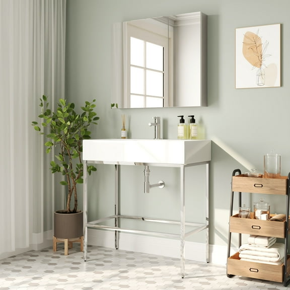 32 in. L x 17 in. W White Ceramic Console Sink Basin and Stainless Steel Silver Legs Combo with Overflow Hole