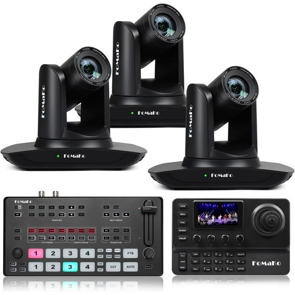 FoMaKo AI Auto Tracking HDMI PTZ Camera, 20x Optical Zoom(3pcs), KC606 PTZ Controller, M2 Video Mixer Switcher, for Church Services Worship Education,PTZ Bundle(FMK12UH Pro(20x)-B X3  M2 KC606)