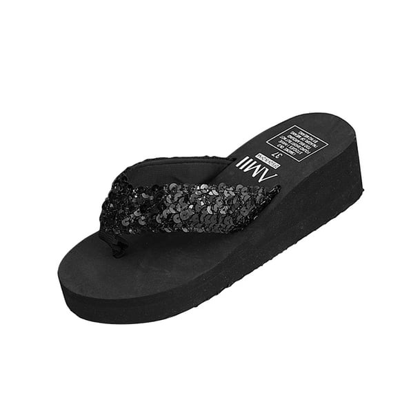 thong sandals Women's Glitter Platform Sandals Shiny Thong Sandals Non-slip Wedge Heel Flops Size 36 (Black)