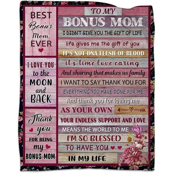 Bonus Mom Gifts Throw Blanket 50*60in, to My Bonus Mom Blankets for Birthday Thanksgiving Ideas, Blanket Gifts for Stepmom from Stepdaughter Stepson