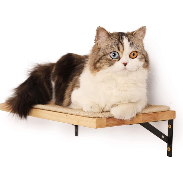 Floating Wall Shelf with Cat Scratching Mat Thick Solid Rubber Wood Hanging Shelves x CM.