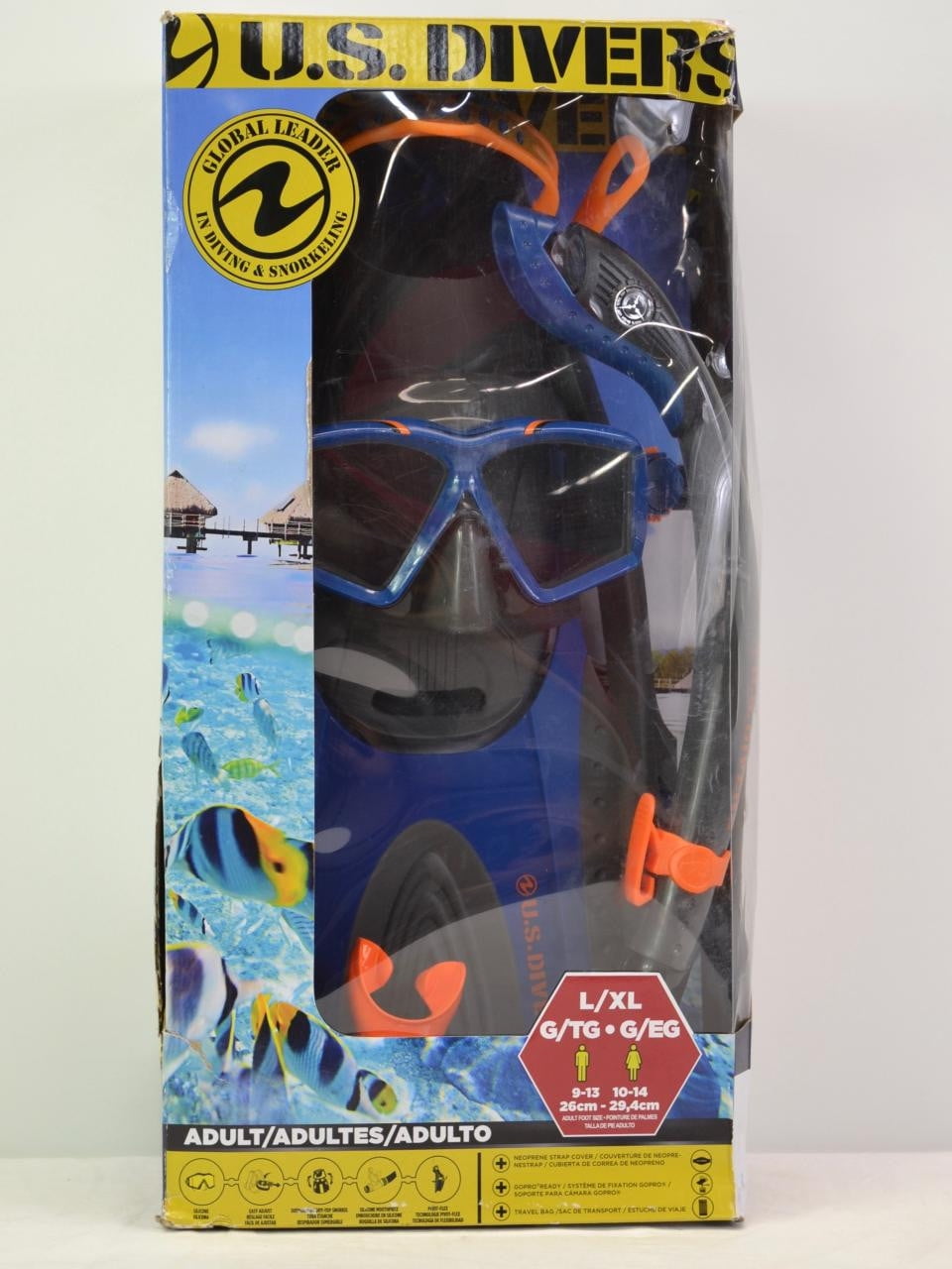 U.S. Divers Go Pro Ready Adult Silicone Snorkel SetBlue/Orange (L/XL