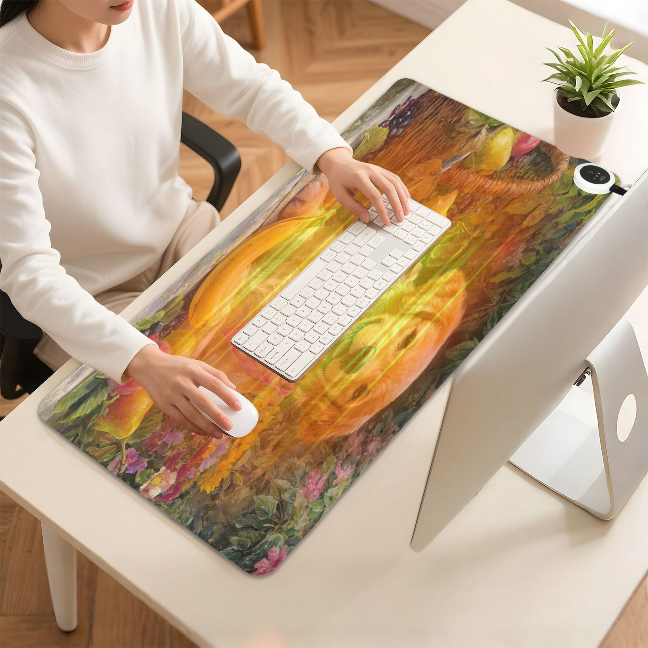 Large Heated Desk Mat Mouse Pad 31.5"x13"PU Leather Graphene Heating Desk Warmer with 3 Temperature Settings 110V US Plug Non-Slip Warm Pad for Home, Office, and Gaming Golden Retriever with Scarf