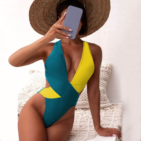 UANWENN Women's Monokinis Swimsuit Bikini Swimsuit Stitching Color Matching Monokinis Swimsuit Flower Bikini Women's V-Neck Swimsuit Two Piece Swimwear Bikini Ruffles Busty Bikini Shorts Transparent