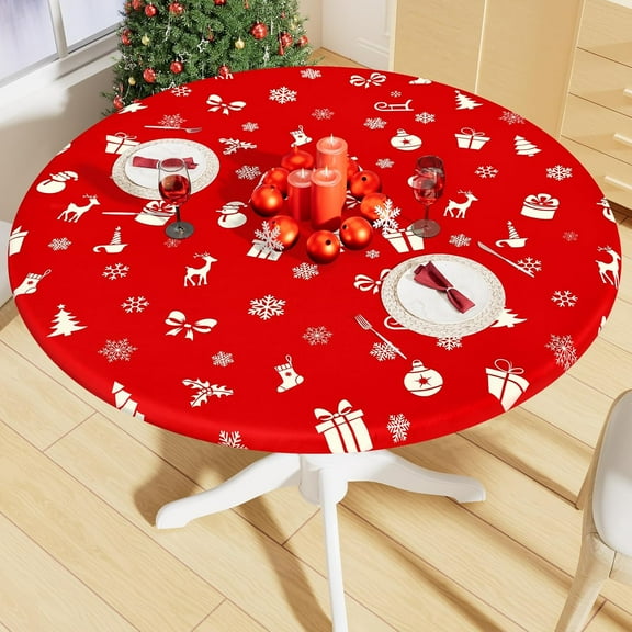 Round Spandex Christmas Tablecloth, Elastic Fitted Waterproof Tablecloths for 36"-44" Tables, Stretch Washable Picnic Table Cover for Christmas Dinner, Box Snowflake