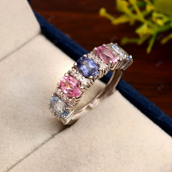 Pink Sapphire & Tanzanite Eternity Wedding Band, Sterling Silver Tanzanite Eternity Ring,Wide Band Ring, Halo Gemstone Ring Anniversary Gift