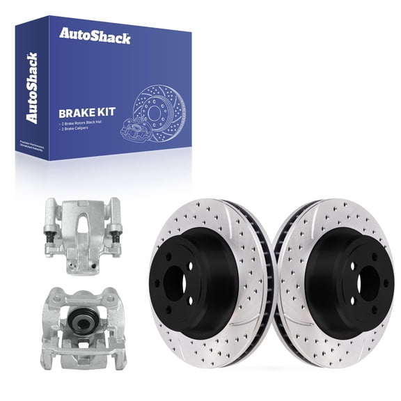 AutoShack Rear Vented Drilled & Slotted E-Coated Brake Rotors   Calipers 4-PC Brake Kit Replacement for 2006-2014 Dodge Charger 2014-2016 Chrysler 300 ShadowGuard 13.78" (350 mm)