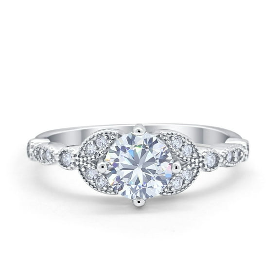 Art Deco Wedding Ring Round Simulated Cubic Zirconia 925 Sterling Silver Size 7