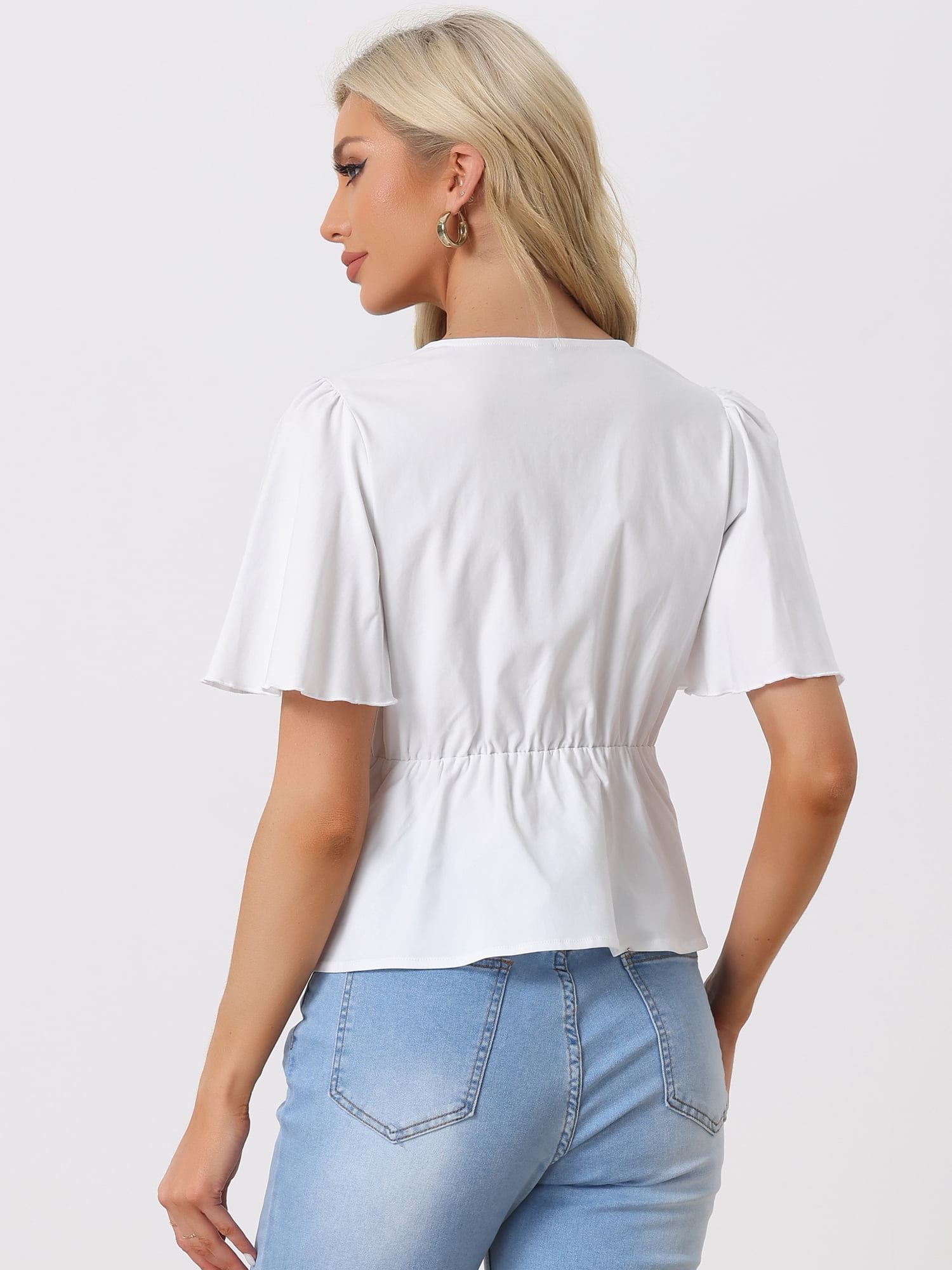 Unique Bargains Women's Peplum Ruffle Sleeve Bow Tie Decor Deep V Neck Sexy Blouse Top S White