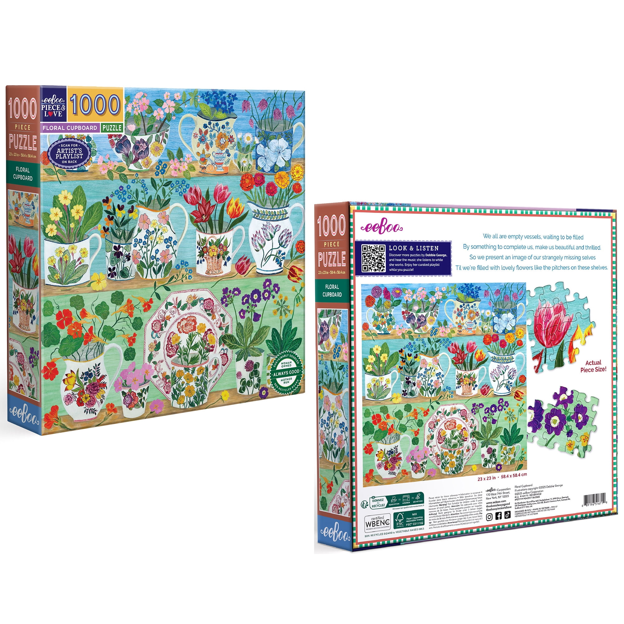 eeBoo Piece & Love: Floral Cupboard - 1000 Piece Puzzle - 23" Square Adult Jigsaw, Debbie George's Georgian China & Bouquet Vase Scene, Eco-Friendly