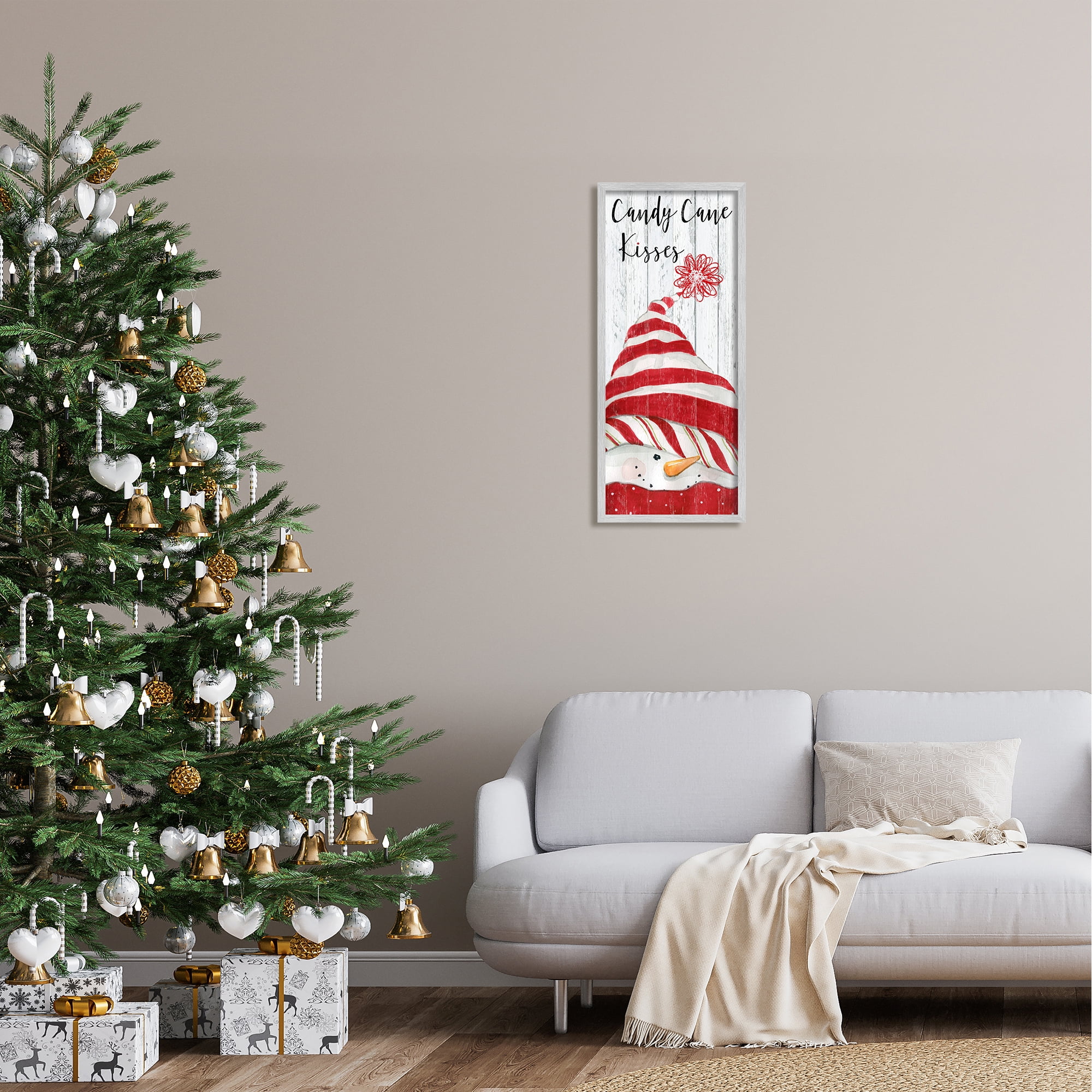 Stupell Industries Candy Cane Kisses Phrase Holiday Painting Gray Framed Art Print Wall Art, 13 x 30