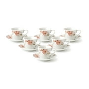 Espresso Cups and Saucers Set for Cappuccino, Latte, Cafe Mocha - Pink Floral and Butterfly Design, 2 oz. Set of 6