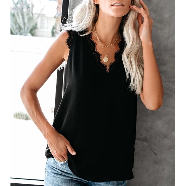 Camiseta sin mangas NikouMX con ribete de encaje color puro