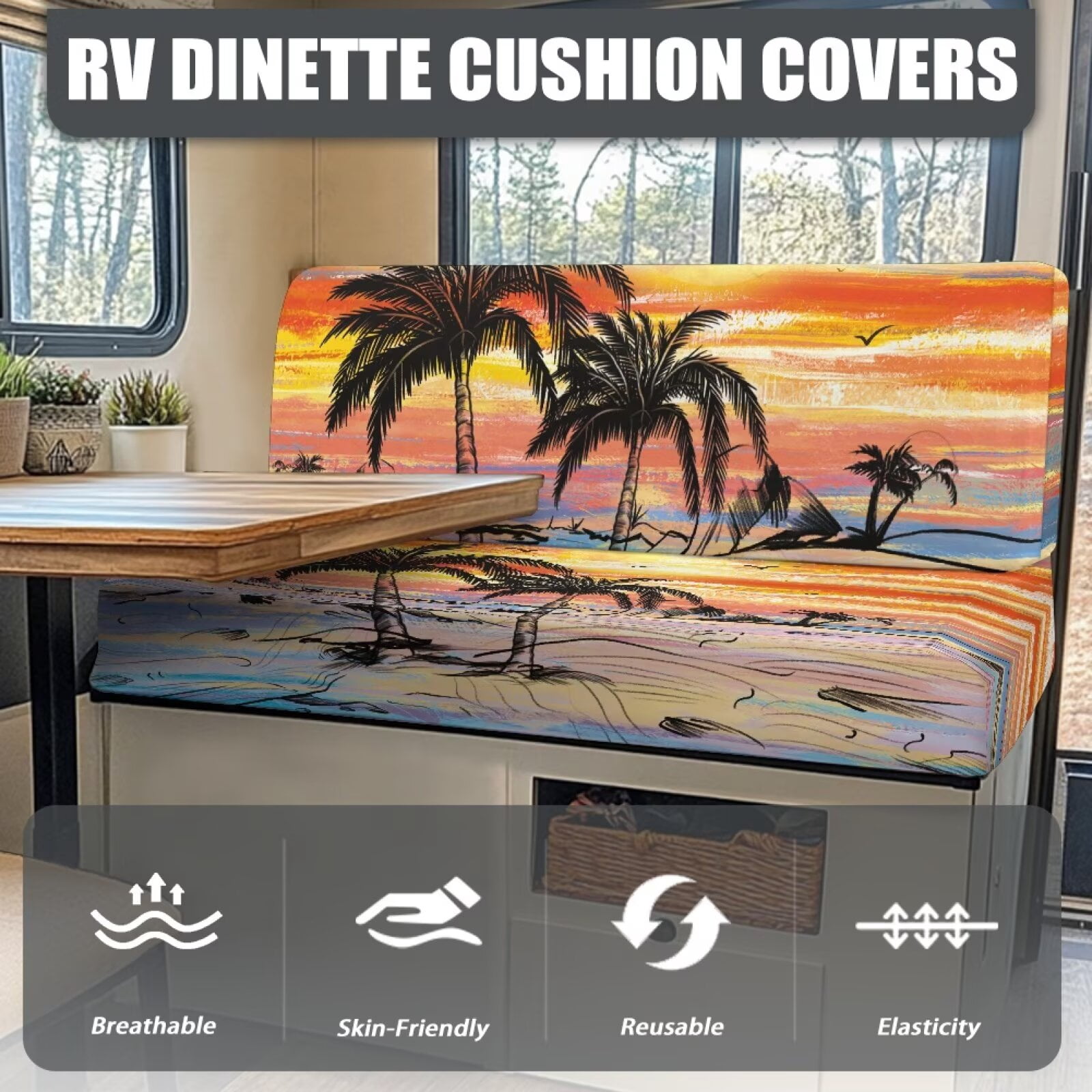 XYZCANDO Tropical Palm Tree Sunset RV Dinette Cushions Comfortable RV Decor Washable Furniture Covers Universal Sofa Slip Covers for 2 Seat Cushion Couch Slipcovers Hawaiian Orange