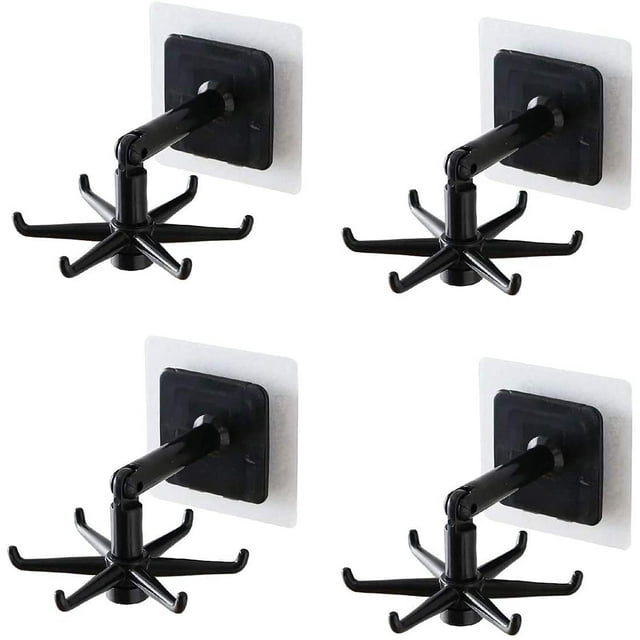 4PCS Multi-Functional 360° Rotating Folding Hooks, Space-Saving Self-Adhesive 6-Claw Storage Utensil Holder, Hooks for Kitchen, Bathroom, Office, No Damage, No Drilling (Black)