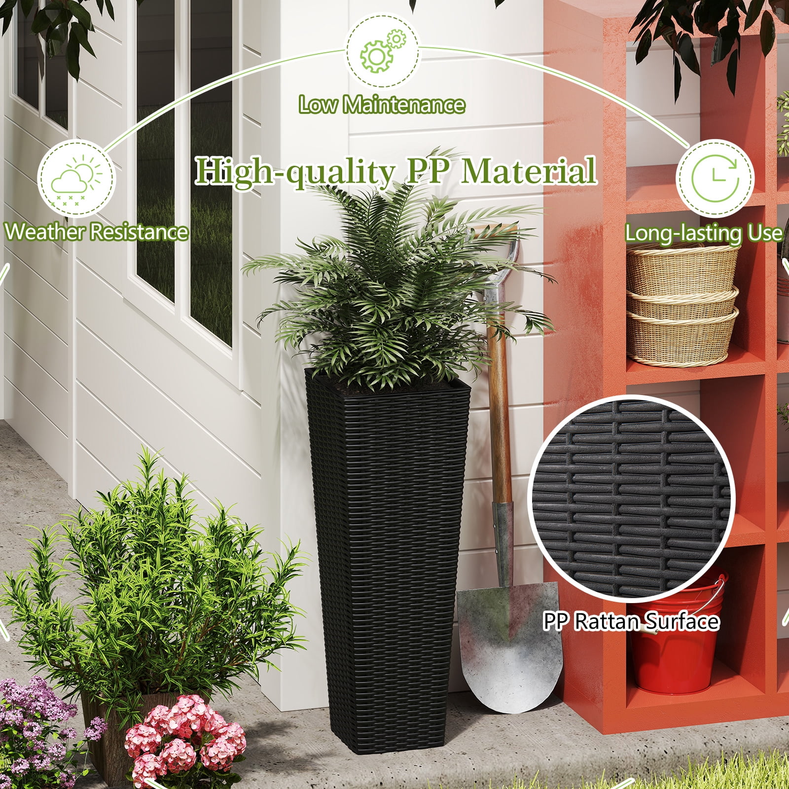 Patiojoy Set of 2 Planters for Outdoor Plants Tall Tapered Plants w/Inner Trays Drainage Holes Black