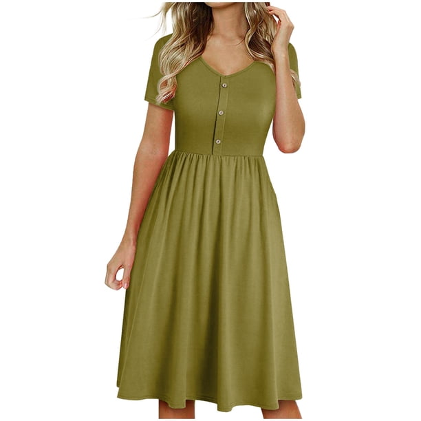 Moda mujer vestidos verano sólido Casual cuello en V manga corta botón vacaciones playa Mini vestido Fridja qw6458