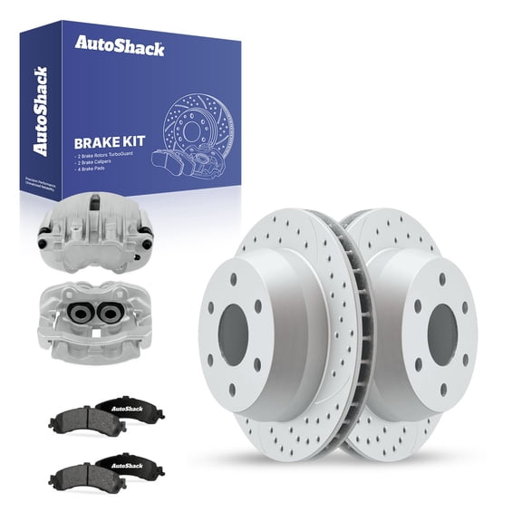 AutoShack Rear Brake Rotors, Ceramic Pads & Calipers for Chevrolet, Silverado 1500 2003-2004 - Coated Drilled & Slotted - Silver Matte Finish - TurboGuard - 12.99" (330 mm), 6-Lug