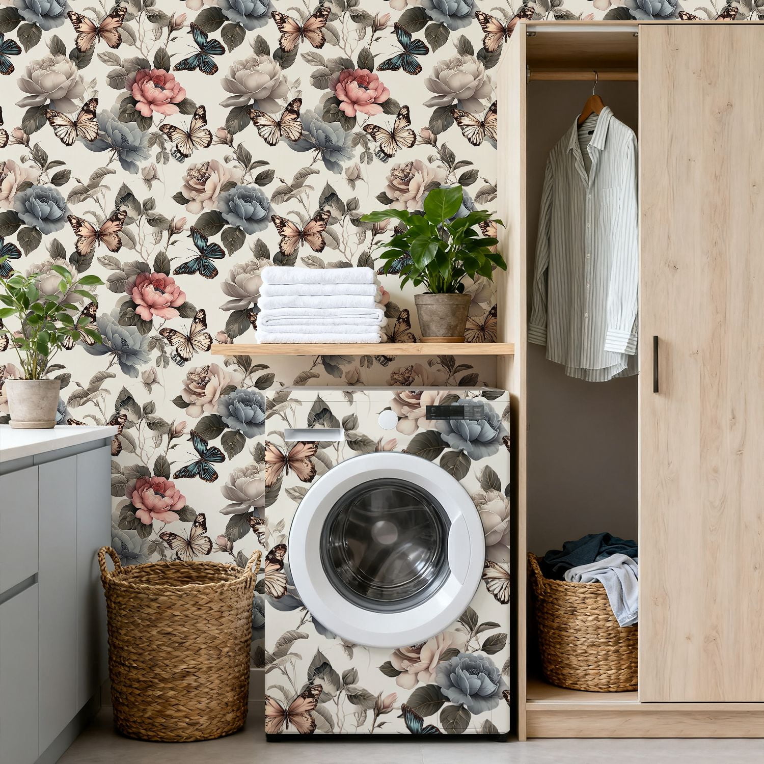 Peel and Stick Wallpaper Elegant Floral Butterflies Pastel Botanical Spring Wall Mural 17.7in x 9.8ft Self Adhesive Removable Wall Paper Renter Friendly Wallpaper for Nursery Bedroom Cabinets