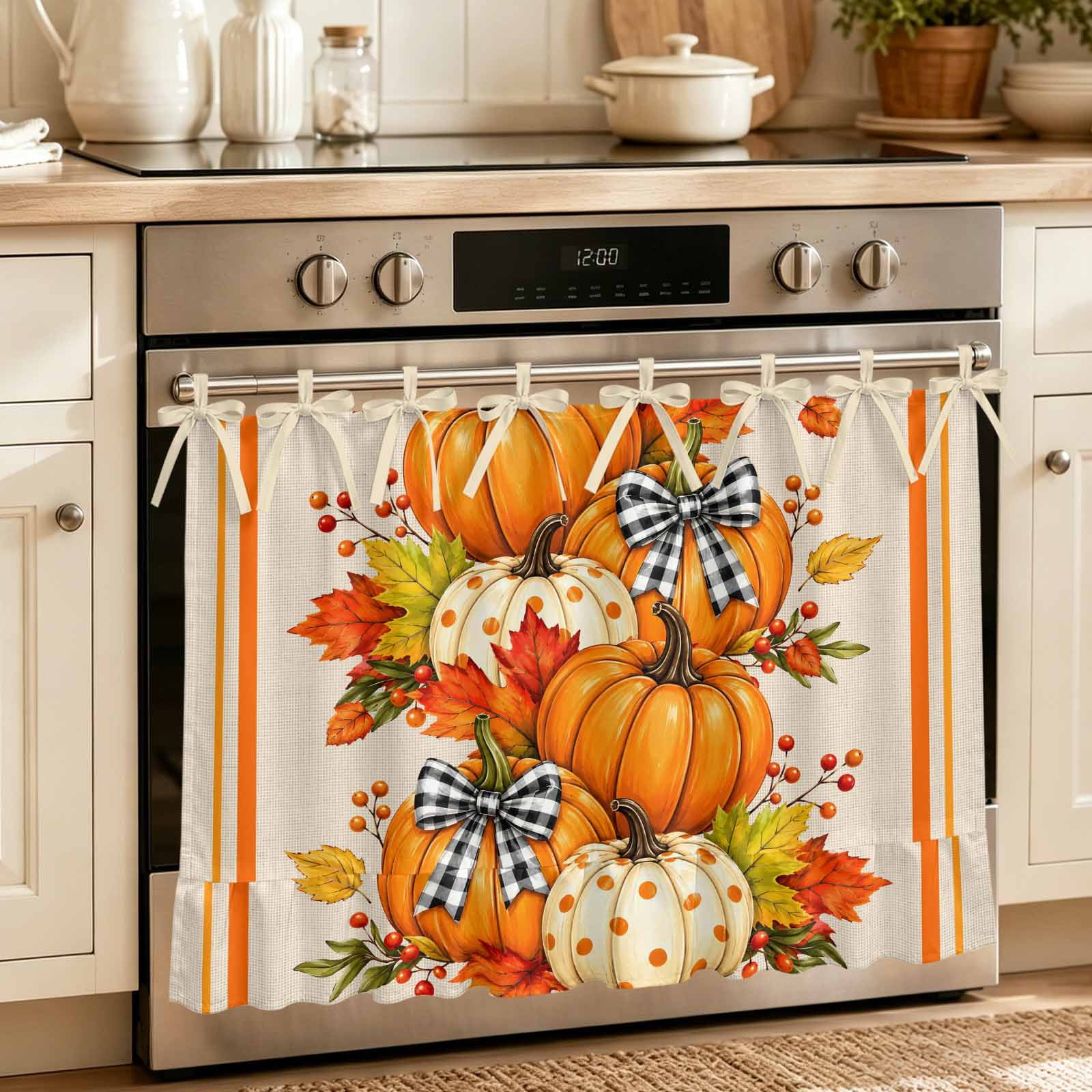 Oven Curtain for Kitchen Thanksgiving Orange Pumpkin Fall Maple Leaves Stove Curtain With Ruffled Trim Dishwasher Curtains Retro Linen Oven Skirt 32 x24