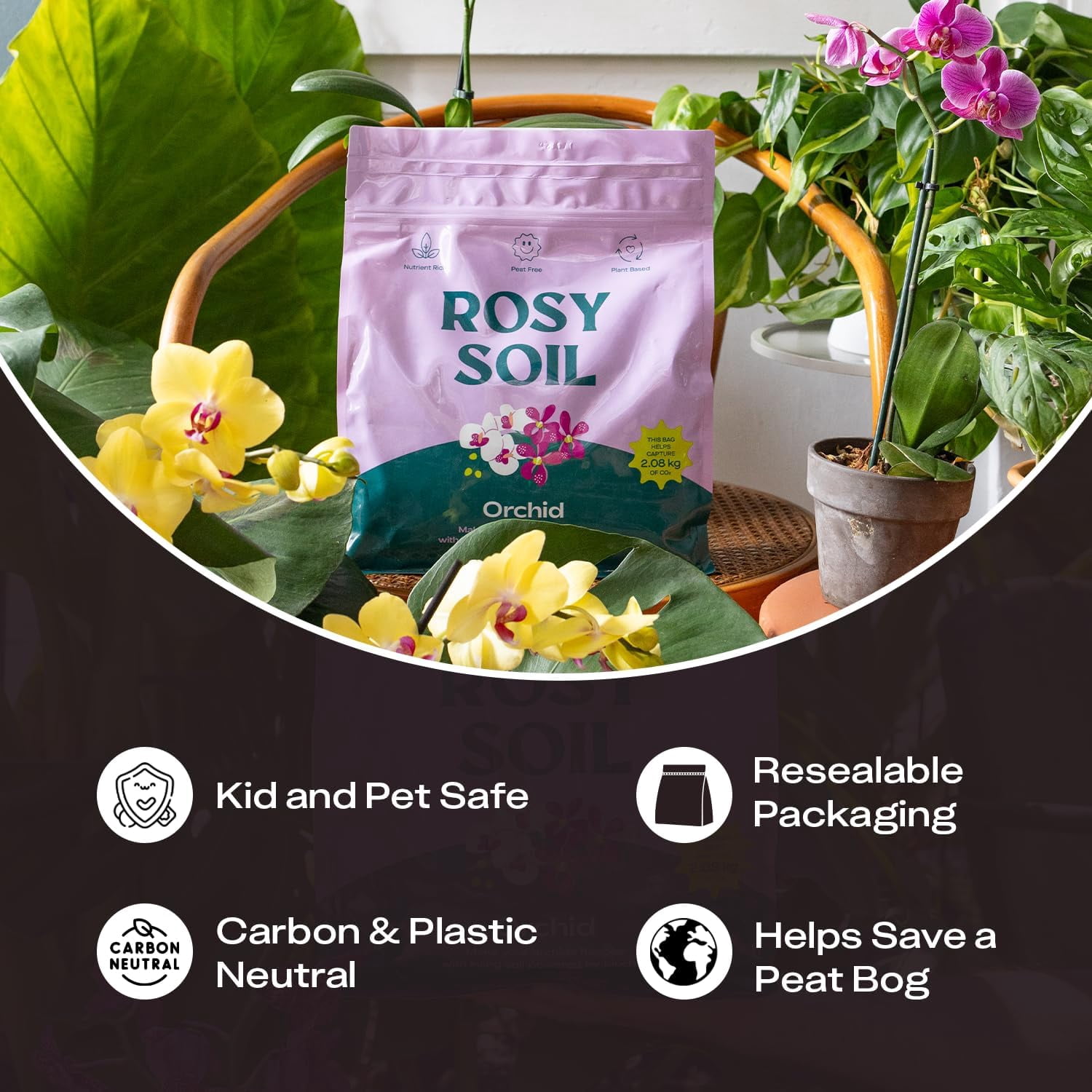 Rosy Soil Orchid Potting Mix, Coarse Fast Draining Orchid Soil with Biochar, Peat Free Mix for Healthy Roots, Indoor Orchids, 4 qt